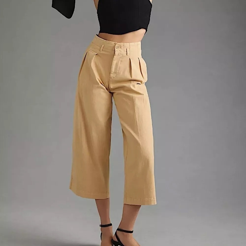 Anthropologie Maeve Remi Wide Leg Cropped Pleated Chino Pants Khaki Tan
